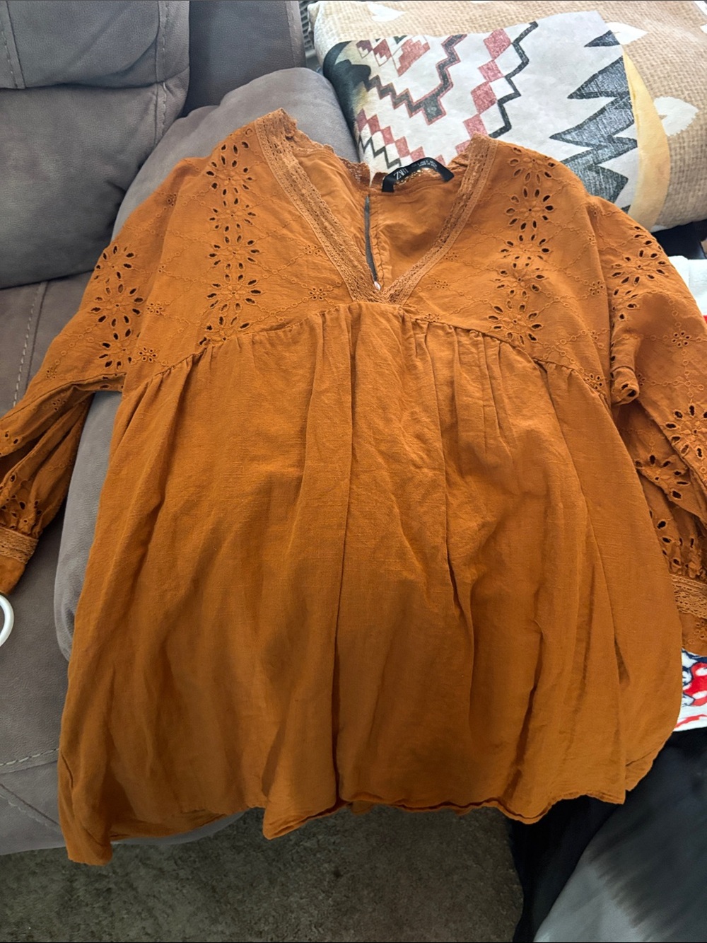 Zara Linen Tunic Romper  Eyelet Peasant Top - Rust Orange